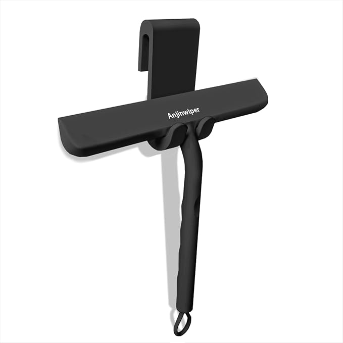 Shower Squeegee for Glass Doors with Adhesive Hook, All-Purpose Squeegee for Shower Glass, Bathroom, Window, Mirror, Car Glass and Tile Wall-8 Inches,Black