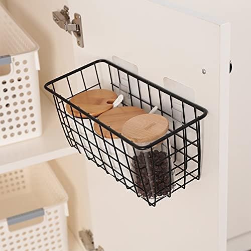 2 Set Hanging Wall Basket Over the Cabinet Door Organizer Wire Baskets for Organizing -No Drilling Adhesive Wall Storage Basket, Space-Saving Hanging Baskets for Organizing Wall Mount Storage,Black