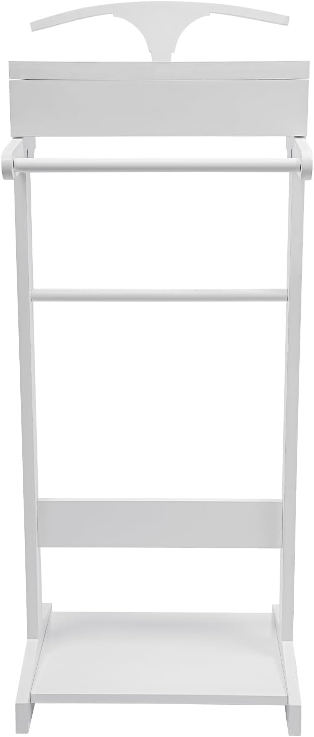 Valet Stand for Man and Women, Wood Suit Rack Suit Valet Stand with Top Tray, Storage Drawer, Bottom Shoe Rack, Freestanding Clothes Rack for Living Room, Entryway, Bedroom, Office, Black (White)