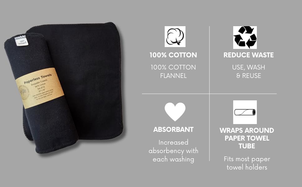 Paperless Towels, 12-12" X 10" Washable Paper Towels, Reusable Paper Towels, 100% Cotton (Black)