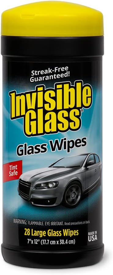 Invisible Glass 90166 Large Glass Cleaning Wipes for Streak-Free Windows, Mirrors, and Glass, Lint-Free, Ammonia-Free, Tint-Safe, for Home and Auto, Canister, 28 Wipes, Pack of 1
