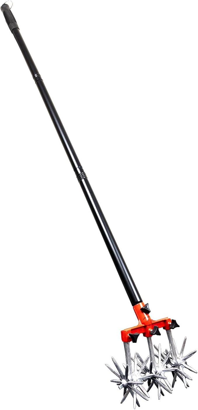 Garden Lawn Weed Rotary Cultivator Tool Hand Tiller Long Handle Cultivator for Aerating, Weeding, Planting and Mixing or Reseeding Grass Lawn Tiller Total and Fertilization