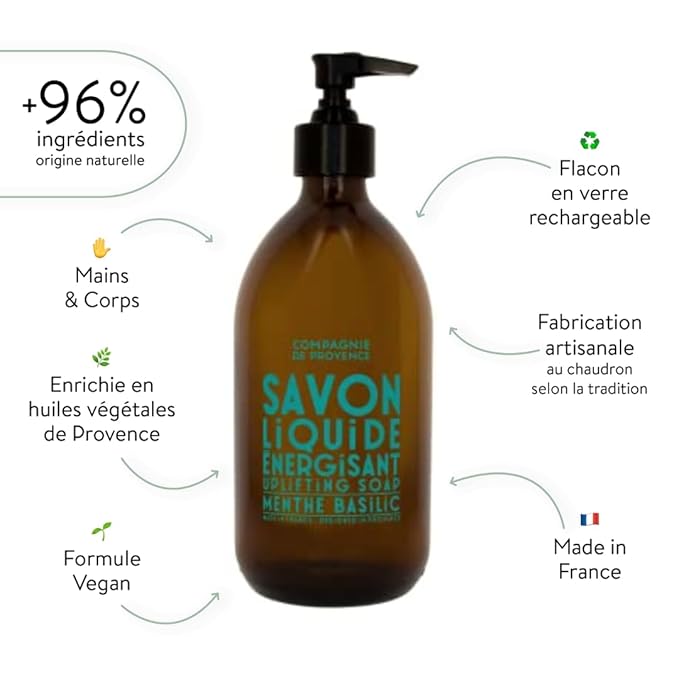 Compagnie de Provence Savon de Marseille Apothicare Liquid Soap, Mint Basil, 16.7 Fl Oz Glass Pump Bottle