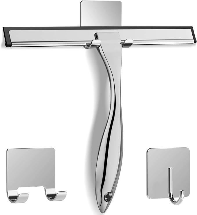 All-Purpose Stainless Steel Shower Squeegee for Shower Glass Door with 2 Adhesive Hooks, Bathroom Cleaner Tool Household Window Mirror Squeegee for Glass Doors, Cleaning Tile Wall, Car, 14 Inch Silver