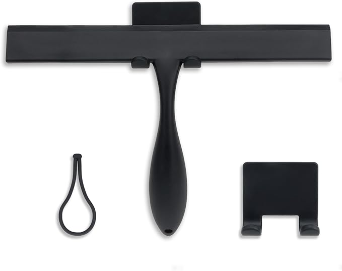 FY&XZH Never Rust Silicone Shower Squeegee for Glass Doors with Hook, Bathroom Cleaner Tool, Household Window and Mirror Squeegee, Ergonomic Thick Handle Squeegee for Shower Glass, 11-Inch (Black)