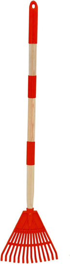 Kids Leaf Rake - 3-Section Adjustable Handle, Lightweight, Wood & Plastic, Small Garden Tool for Children (Red)