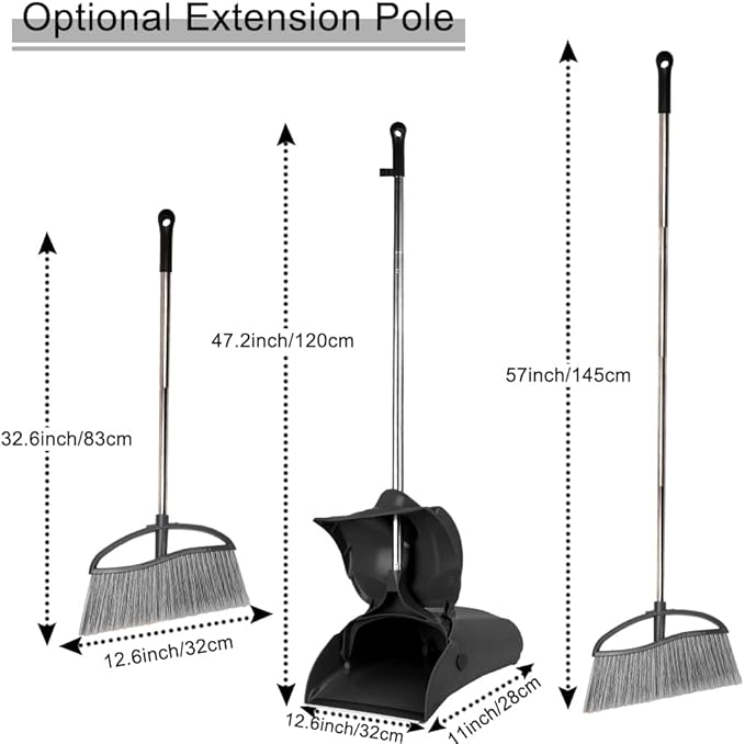 Long Handle Heavy Duty Broom and Dustpan Set, Outdoor and Commercial Upright Dustpan and Brush for Restaurant Garage Garden Yard Office,Black