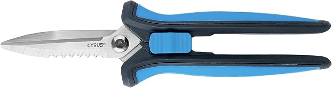 CYRUS Pruning Shears 8" Hand Gardening Scissors Extended Straight Carbon Blades Trimming Precision Bud Scissors with Sharp Serrations Widely Used for Gardening, Hydroponics, Grow Tents-CYRUS