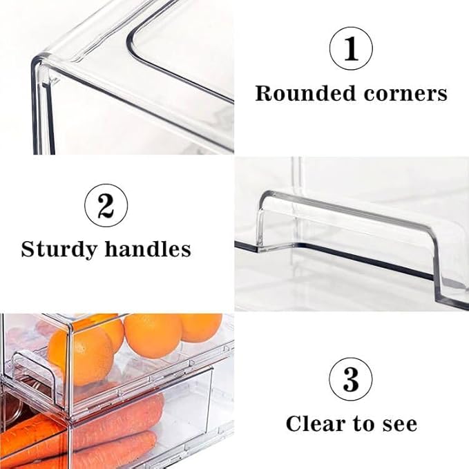 MANO 2Pack Clear Fridge Drawers Pull Out Stackable Refrigerator Drawer Organizer Bins Pantry Storage Box Plastic Food Containers for Kitchen Bathroom Office Closet (Large)