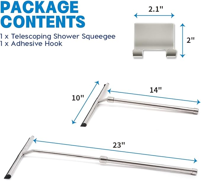 Shower Squeegee with Long Handle and Adhesive Hook. for Glass Doors, Tile Walls, Mirrors and Windows. Telescoping Squeegee for Cleaning. Bathroom Stainless Steel Squeegee, 10inch Wide, Chrome – 1pk