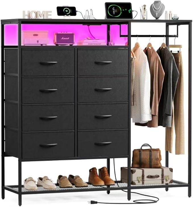 Black Dresser for Bedroom with 8 Drawers and Hanging Rack, 47 Inch Closet Dressers with LED Lights, Shelves & Charging Station, Clothes Storage Organizer