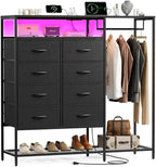 Black Dresser for Bedroom with 8 Drawers and Hanging Rack, 47 Inch Closet Dressers with LED Lights, Shelves & Charging Station, Clothes Storage Organizer