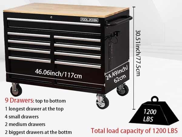 Tool Chest Cabinet, Large Capacity Metal Tool Box with Wheels and Cylinder Locking, Roll Around Storage Organizer Tool Cart for Garage, Redtool cabinets on Wheels (Black, 9-Drawer-Wheel)