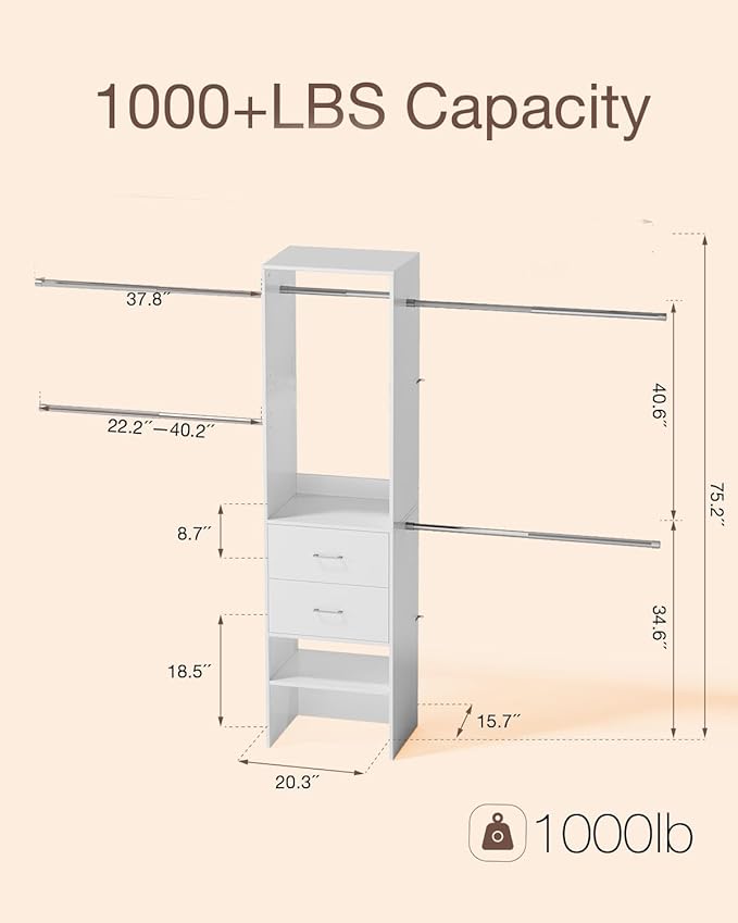 Closet System with Drawer, 5-8FT Closet Organizers System with 5 Adjustable Hanging Rods and Shoe Rack, Heavy Duty Walk in Closet Organizers and Storage with Drawers, White