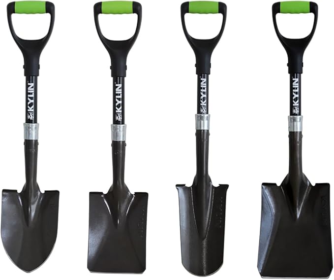 KYLIN Mini Shovel 4-Piece Set with Fiberglass Short Handle, for Gardening, Hiking, Backpacking, Fishing, Kids Mini Shovel, Camping Shovel, Off-Road Shovel, Beach Shovel, Multi-Purpose Garden Tools