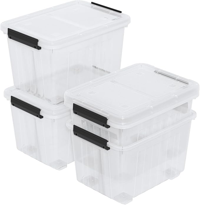 Zopnny 30 Quart Plastic Stacker Box, Large Storage Bin Container with Latching Lids and Wheels for Home and Garage Organizing, Shoes, Tools, Clear Base, 4-Pack