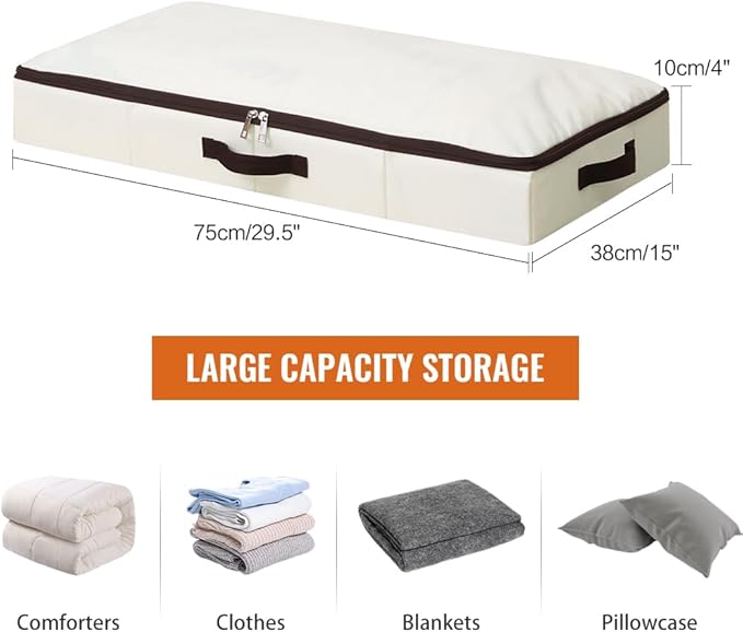 AMJ 2 Pack Foldable Under Bed Storage Basket Container, Sturdy Clothes Storage Drawer Organizer for Clothes, Shoes,Toys, Blanket, Comforter Organizers Bins, Beige