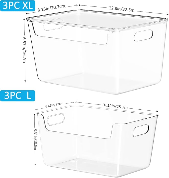 6 PCS Clear Plastic Storage Bins, 2-Sizes Stackable Storage Containers, Pantry Organizers and Storage with Handles, Perfect for Bathroom,Cabinet,Cupboard,Kitchen,Fridge,Closet Organization