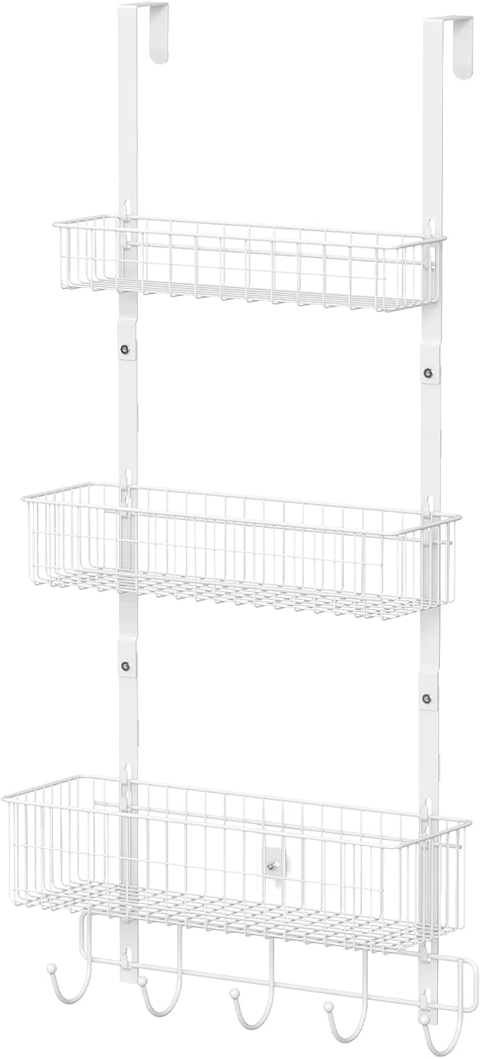 CADUKE Over The Door Organizer Hanger with Basket Hanger Door Towel Rack with 5 Hooks Back of Door Storage Organizer Behind Door Hooks Hanger Shelf for Bathroom, Kitchen, Office, White