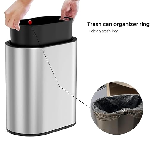 9L/2.4GAL Silver Bathroom Trash Can, Chrome Open Double Bin, Narrow Garbage Can for Bedroom, Hotel, Office, RV (Silver)