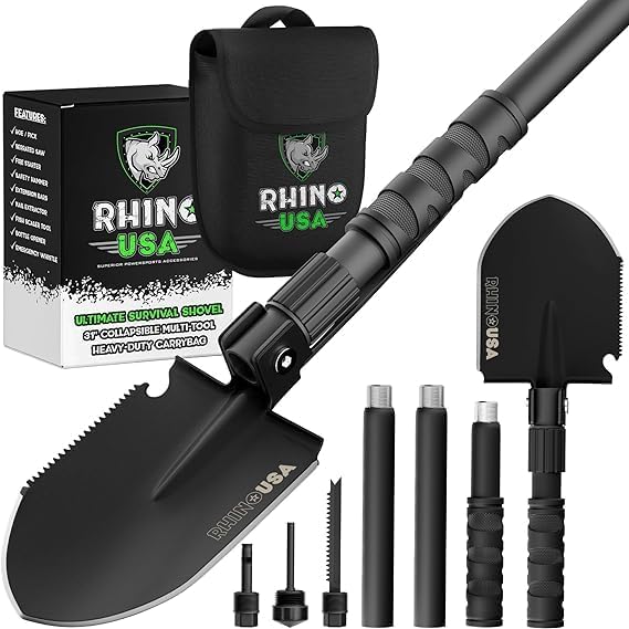 Rhino USA Survival Shovel w/Pick - Heavy Duty Carbon Steel Military Style Entrenching Tool for Off Road, Camping, Gardening, Beach, Digging Dirt, Sand, Mud & Snow. (Survival Shovel)