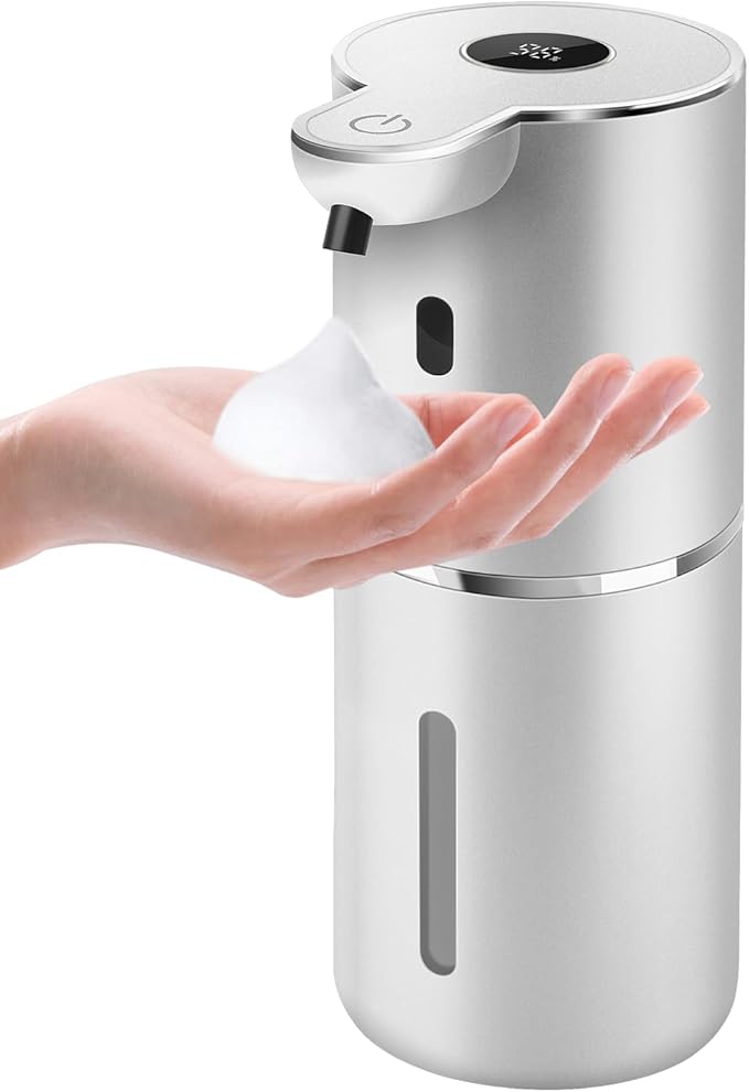 Automatic Foaming Soap Dispenser 12.8oz, Rechargeable & 6 Levels Foaming Adjustable with Digital Display, Wall Mount, Waterproof, Touchless Hand/Dish Soap Dispenser for Kitchen, Bathroom, Hotel