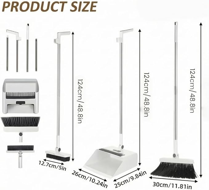 3 in 1 Broom and Dustpan Set with Adjustable Push Broom with 48.8“ Long Handle for Floor Sweeping Outdoor Indoor Sweeping Combo for Home & Kitchen (White)
