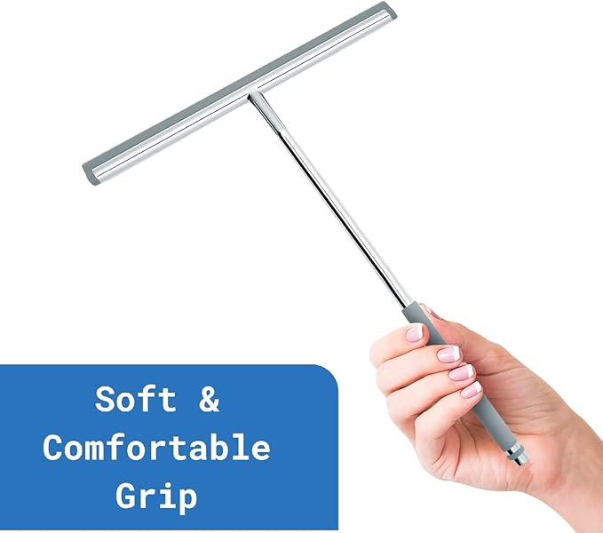 Long Handle Shower Squeegee for Glass Doors - Stainless Steel with Silicone Hook Holder - Scrubber for Shower Tile Wall Cleaning, Bathroom Cleaner - Large Shower Door Sweep Wiper with Rubber Hanger