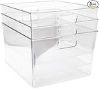 Isaac Jacobs 3-Pack XL Clear Storage Bins with Handles, Plastic Organizer for Office, Home, Kitchen, Pantry, Closet, Kids Room, Cube Shelf, Non-Slip Container Set (3-Pack, Extra-Large)