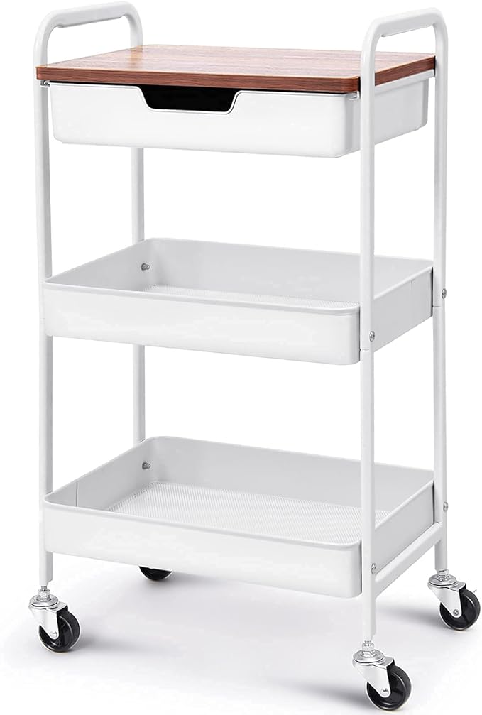 TOOLF 3-Tier Metal Utility Rolling Cart with Drawer & Wooden Table Top, Storage Cart White Trolley Kitchen Organizer Rolling Desk with Locking Wheels for Office, Classroom, Dorm, Bedroom