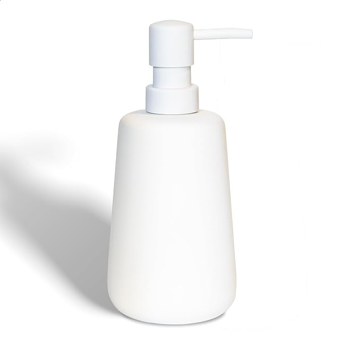 Matte White Ceramic Soap Dispenser, 13 oz Refillable Bathroom or Kitchen Countertop Dispenser with Soft Touch Rubber Coating