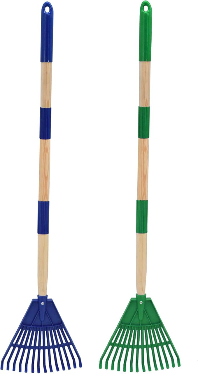 Kids Leaf Rake - 3-Section Adjustable Handle, Lightweight, Wood & Plastic, Small Garden Tool for Children (Blue+Green)