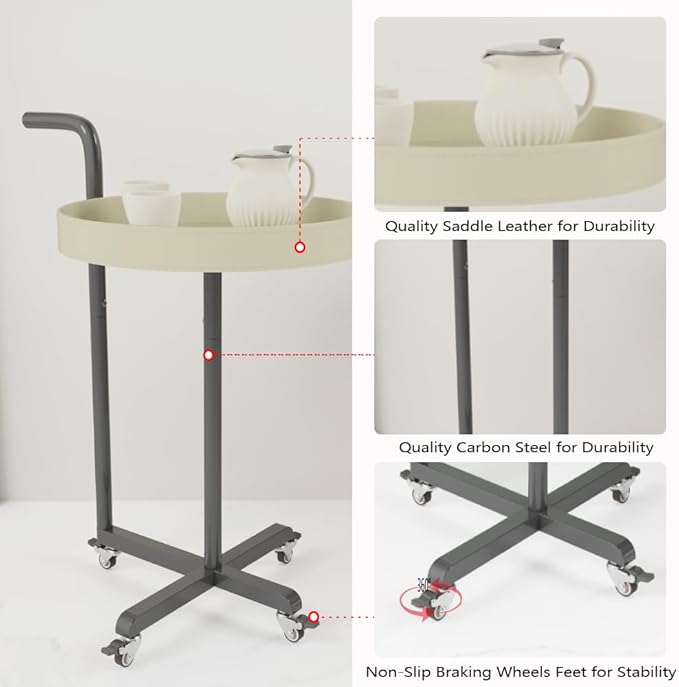Rolling Utility Cart with Novelty Design, Mobile Saddle Leather Trolley, Organizer Trolley with Lockable Wheels, Multifunctional Serving Cart for Living Room (White)