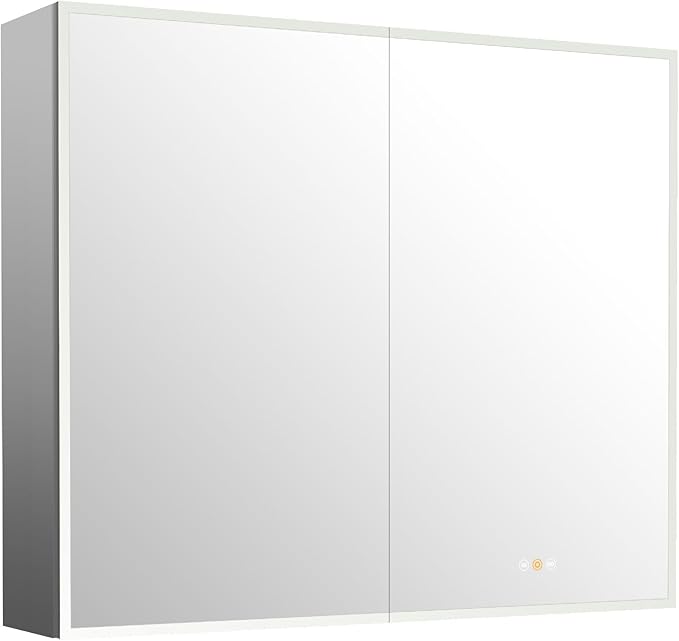 Gray Medicine Cabinets for Bathroom with Mirror, Surface Mounted LED Medicine Cabinets Mirror with Defogger, Dimmer, Outlets & USB, Double Doors, 42”W x 36”H