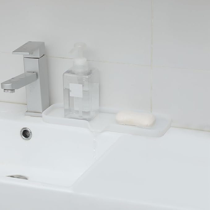 Silicone Bathroom Soap Dishes with Drain Spout-Bathroom and Kitchen Sink Organizer,Sponge Holder,Dish Soap Tray,Perfect for Dispenser,Scrubber,Bottle,Cup on Sink or Counter-Translucent 12"×4"