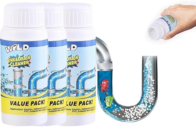 Wild Sink and Drain Cleaner Powder - Rapid-Foam Fast-Acting Pipe Declogger for Kitchen, Bathroom, Toilet, Shower Drain Maintenance (3 pcs)