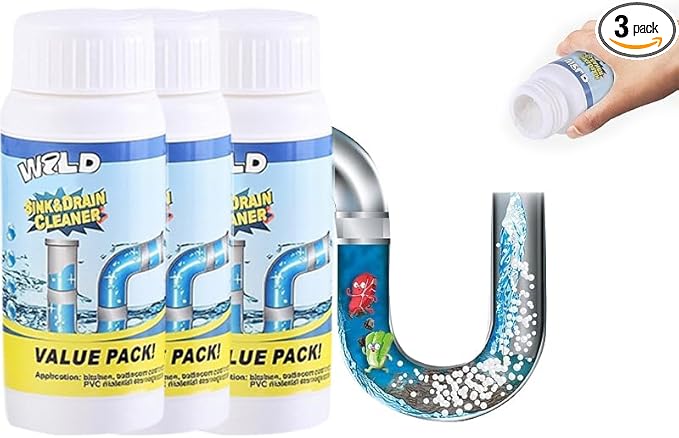 Foaming Sink & Drain Cleaner Powder, 2026 Upgraded Fast-Acting Pipe Declogger for Kitchen Bathroom Shower Toilet, Powerful Rapid Foam Drain Opener for Hair Grease & Odor Removal (3pcs)