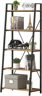 BON AUGURE Industrial 5 Tier Ladder Bookshelf, Wood and Metal Ladder Shelf Bookcase, Farmhouse Leaning Shelves for Living Room (Vintage Oak)
