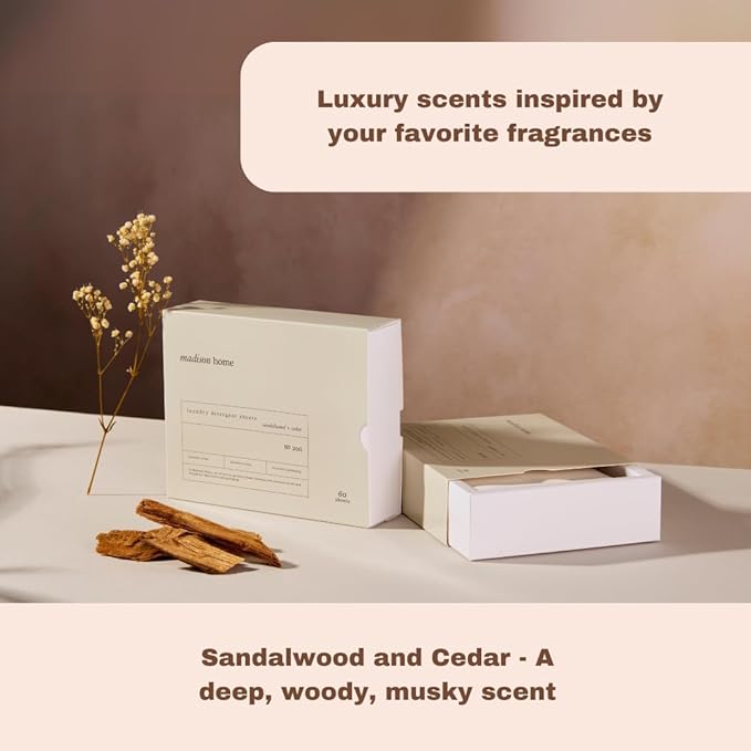 Madison Home Laundry Detergent Sheets, Hypoallergenic with Stain Fighting Special Bio-Enzymes, Home & Travel Laundry Detergent Sheets, Plastic Free Packaging, Sandalwood and Cedar, 60 sheets