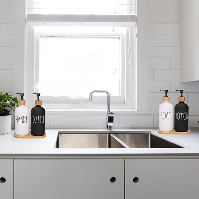 4 Pcs White and Black Hand and Dish Soap and Lotion Dispenser Set with Tray Farmhouse Decor for Bathroom Kitchen Sink