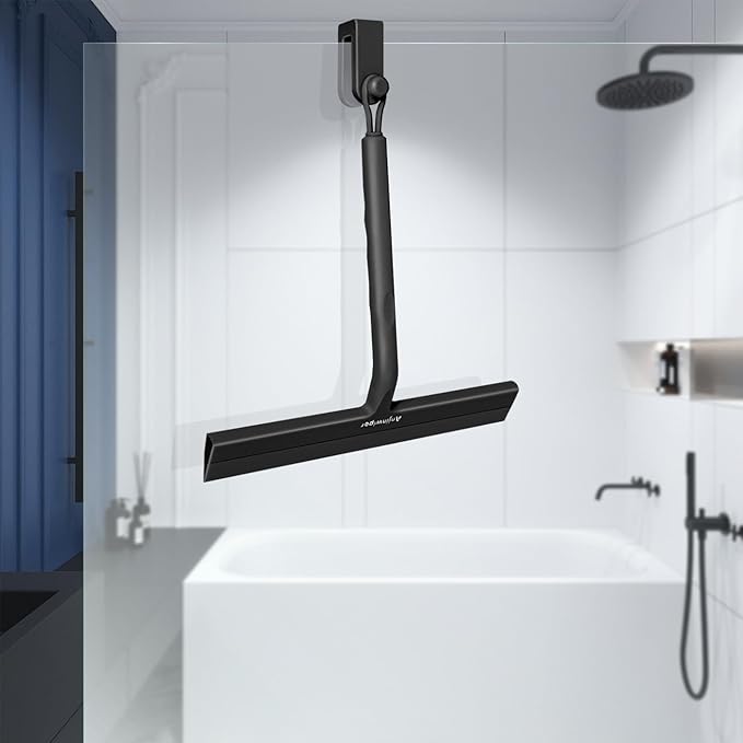 Shower Squeegee for Glass Doors with Adhesive Hook, All-Purpose Squeegee for Shower Glass, Bathroom, Window, Mirror, Car Glass and Tile Wall-8.6 Inches,Black
