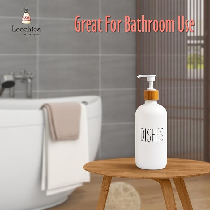 Dish White Glass Soap Dispenser with Plastic Pump, 16 Oz White Dish Soap Dispenser Set Refillable Reusable Apothecary Soap Pump Dispenser Bottles for Bathroom and Kitchen