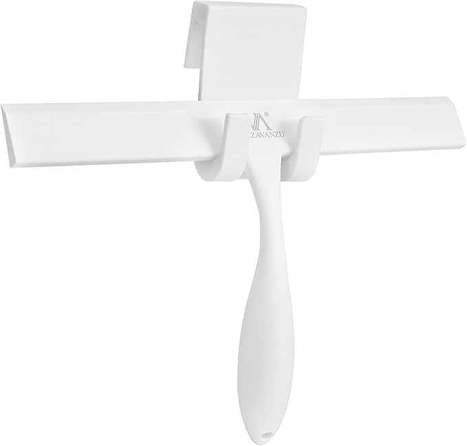 Squeegee for Shower Glass Door, 11-Inch Shower Squeegee for Glass Doors, Bathroom Silicone Squeegees Wiper for Shower with Non-Slip Handle, No-Drilling Silicone Hanging Hook, for Tiles, Mirror(White)