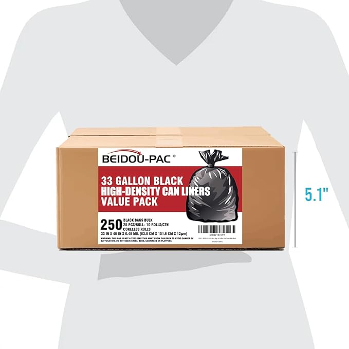 33 Gallon Trash Bags, 250 Count Bulk, Black Garbage bags, Multi-purpose Trash Can Bin Liners for Home Commercial, Outdoor, Construction, Industrial, Janitorial, Municipal, Lawn, Leaf