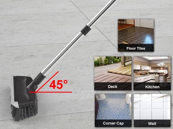 Floor Scrub Brush with Long Handle, Adjustable Stainless Steel Handle, Stiff Bristles & Rubber Squeegee Scraper, Heavy Duty Scrubber, Ideal for Cleaning Floor, Concrete, Deck, Hardwood, Patio, Tile