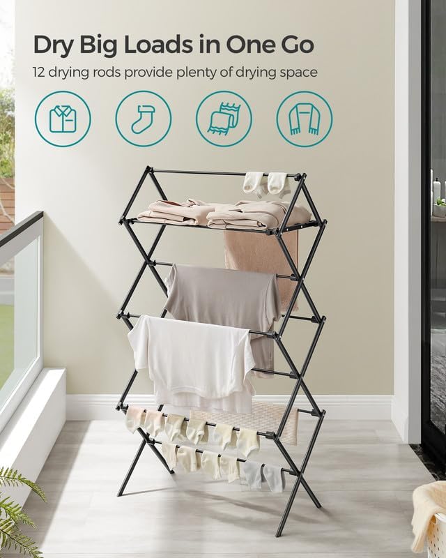 SONGMICS Foldable Clothes Drying Rack, Laundry Drying Rack, Clothes Airer, Steel Frame, 14.6 x 29.5 x 53.2 Inches, Easy Assembly, Indoor Outdoor Use, Black ULLR770B01