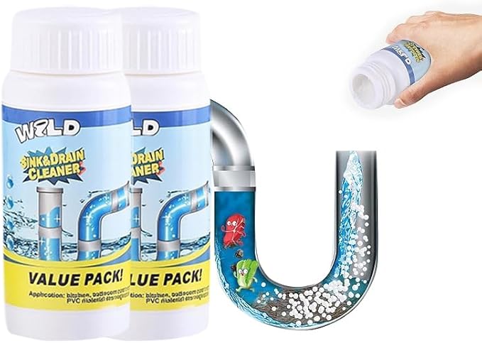 Wild Sink and Drain Cleaner Powder - Rapid-Foam Fast-Acting Pipe Declogger for Kitchen, Bathroom, Toilet, Shower Drain Maintenance (2 pcs)