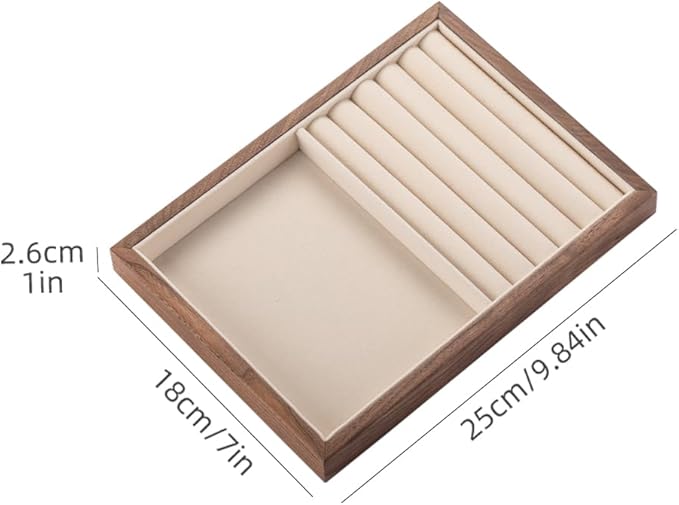 Black Walnut Wooden Jewelry Tray Organizer with Velvet Lining - Jewelry Storage & Display Tray for Rings, Earrings, Bracelets, Watches - Multi-Functional Drawer Organizer (1 Grid + 5 Line)