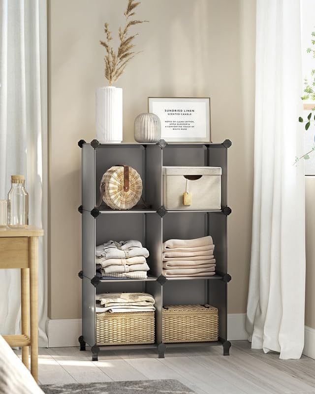SONGMICS 6 Cube Storage Organizer, Modular Bookshelf, DIY Closet Organizers and Storage, Plastic Stackable Shelves, 11.8 x 11.8 x 11.8 Inch Cubes, with Feet and Rubber Mallet, Gray ULPC06G