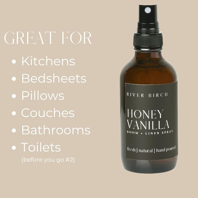 River Birch Luxury Linen and Room Spray - Home Signature Scent Honey Vanilla Room Fragrance Spray - Fragrant Fresh Linen Air Freshener For Bedding - Handmade in Texas - 4 oz Glass Amber Bottle